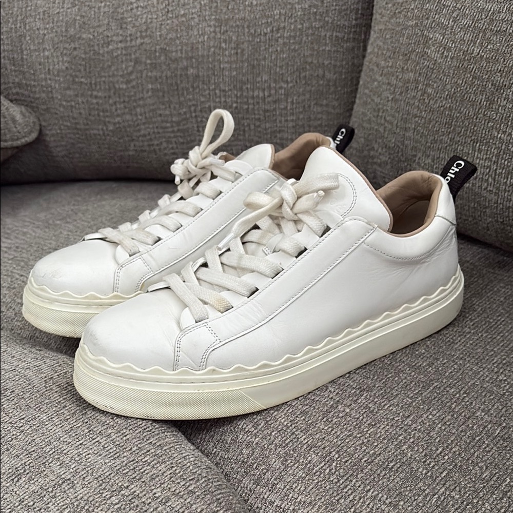 Chloe Scalloped Leather White Sneakers with Textured Upper and Thick Sole - Picture 8 of 16